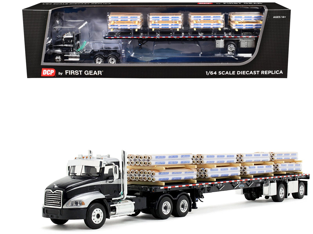 Mack Pinnacle Day Cab with Minimizer Parts & 53' Wilson Roadbrute Flatbed Trailer with "Carlisle Roofing" Loaded Pallets Black with Silver Top and Stripes 1/64 Diecast Model by DCP/First Gear free shipping USA
