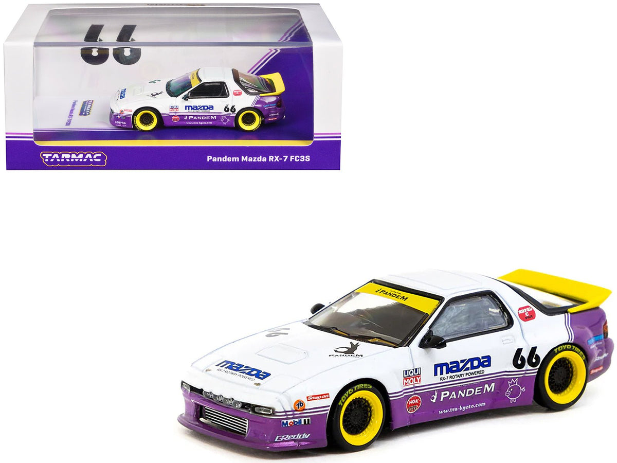 Mazda RX-7 FC3S Pandem RHD (Right Hand Drive) #66 White and Purple with Graphics "Hobby64" Series 1/64 Diecast Model Car by Tarmac Works free shipping USA