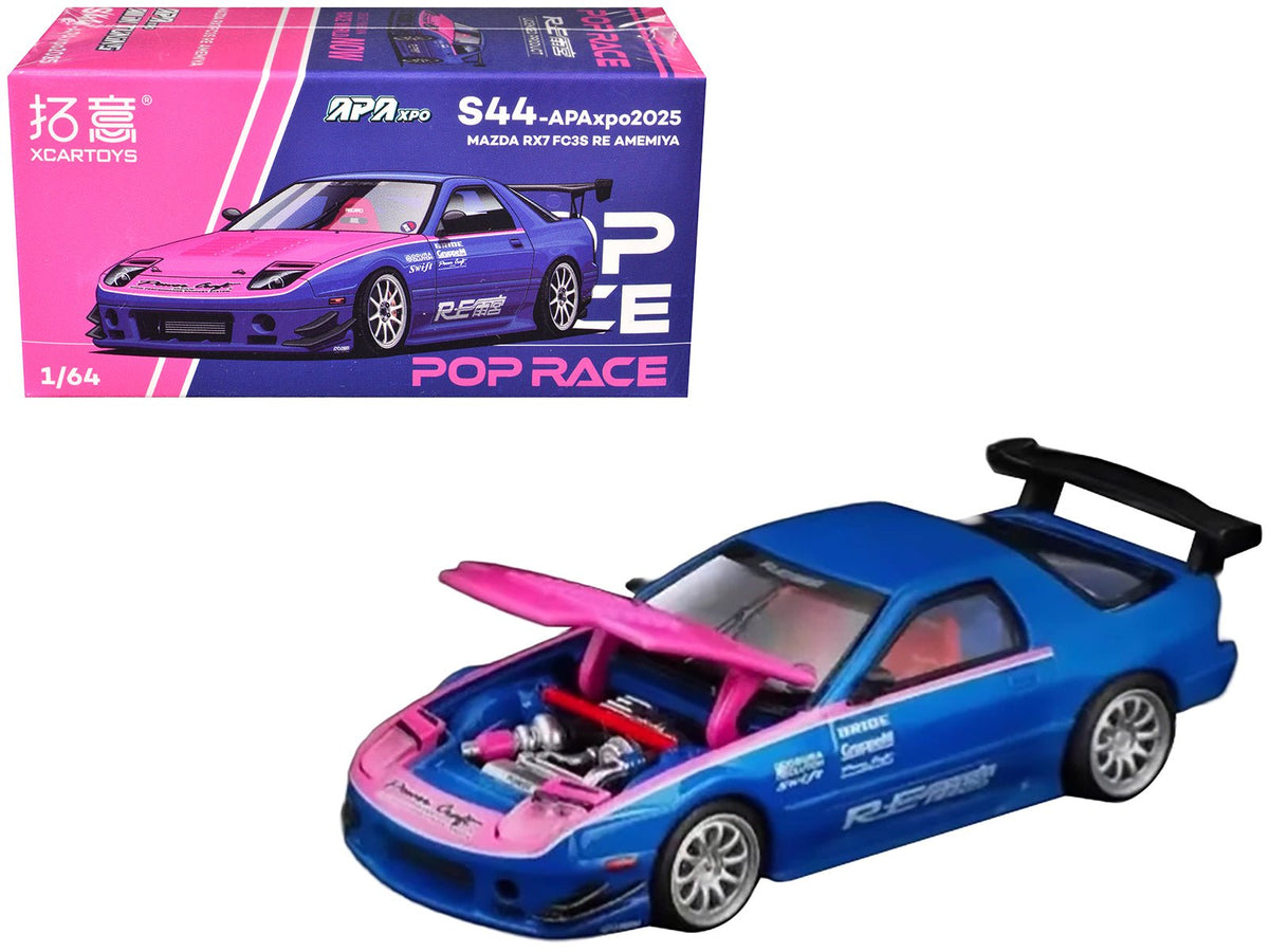 Mazda RX7 (FC3S) RE Amemiya RHD (Right Hand Drive) Blue Metallic with Pink Hood "APA XPO 2025 Exclusive" 1/64 Diecast Model Car by Pop Race free shipping USA