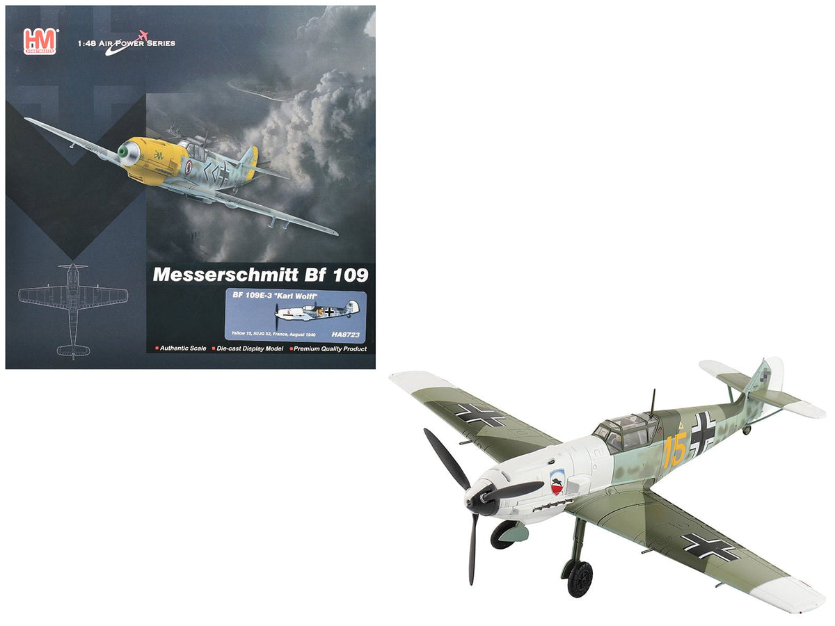 Messerschmitt Bf 109E-3 Fighter Aircraft "Yellow 15 Karl Wolff III/JG 52 France" (1940) German Luftwaffe "Air Power Series" 1/48 Diecast Model by Hobby Master free shipping USA