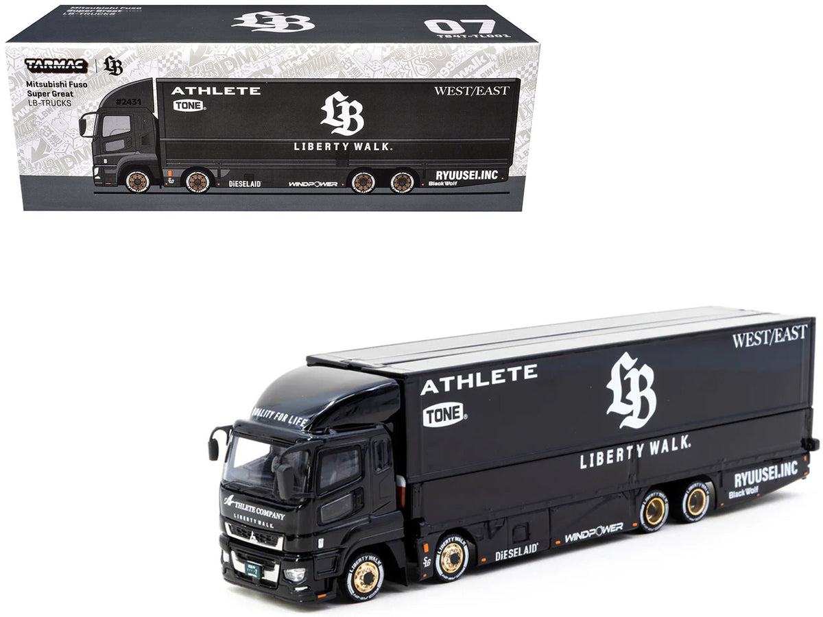Mitsubishi Fuso Super Great Truck RHD (Right Hand Drive) with Transporter "Liberty Walk" Black "Truck64" Series 1/64 Diecast Model Car by Tarmac Works free shipping USA