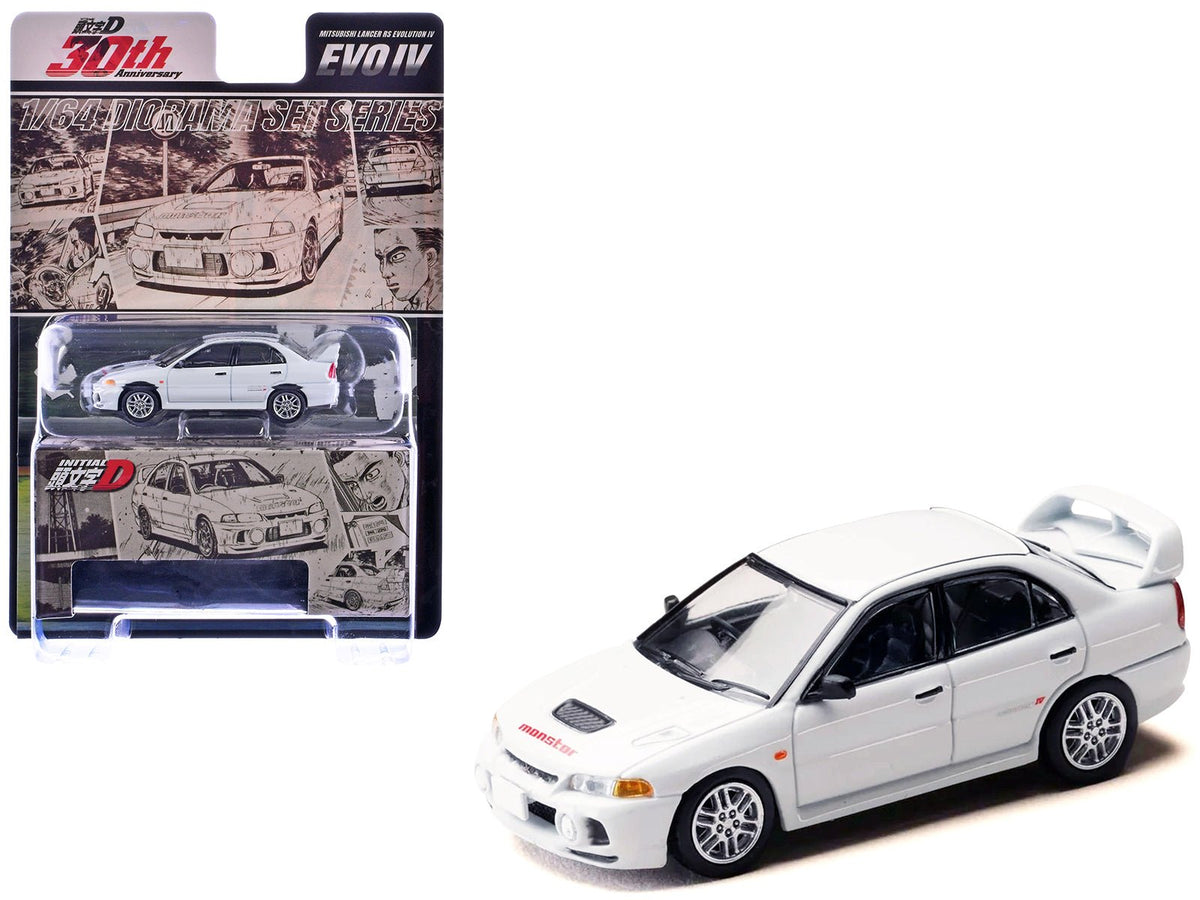 Mitsubishi Lancer RS Evolution IV RHD (Right Hand Drive) "MonStar" White "Initial D" (1995-2013) Manga "Diorama Set Series" 1/64 Diecast Model car by Hobby Japan free shipping USA
