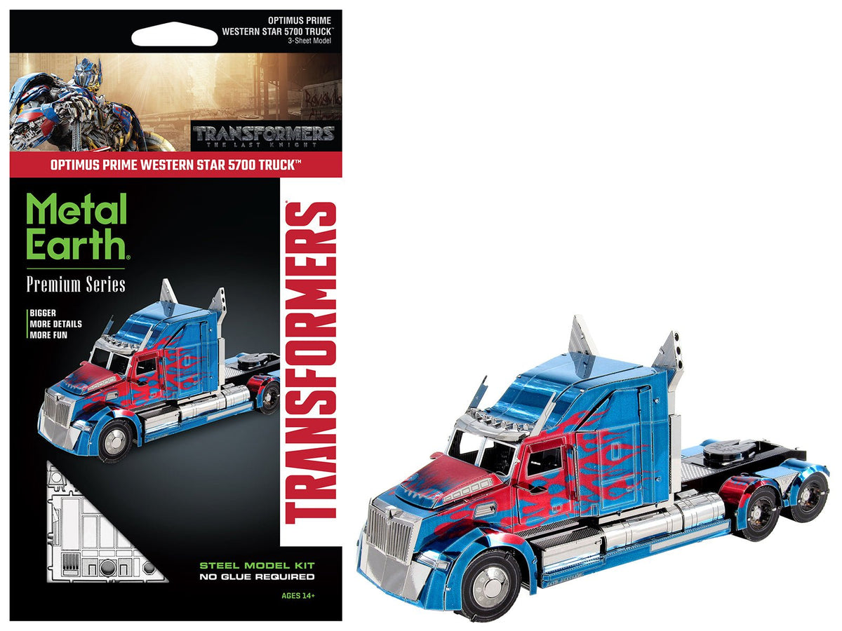 Model Kit Western Star 5700 Truck "Optimus Prime" Blue with Red Flames "Transformers: The Last Knight" (2017) Movie (Moderate Difficulty) Steel Model by Metal Earth free shipping USA