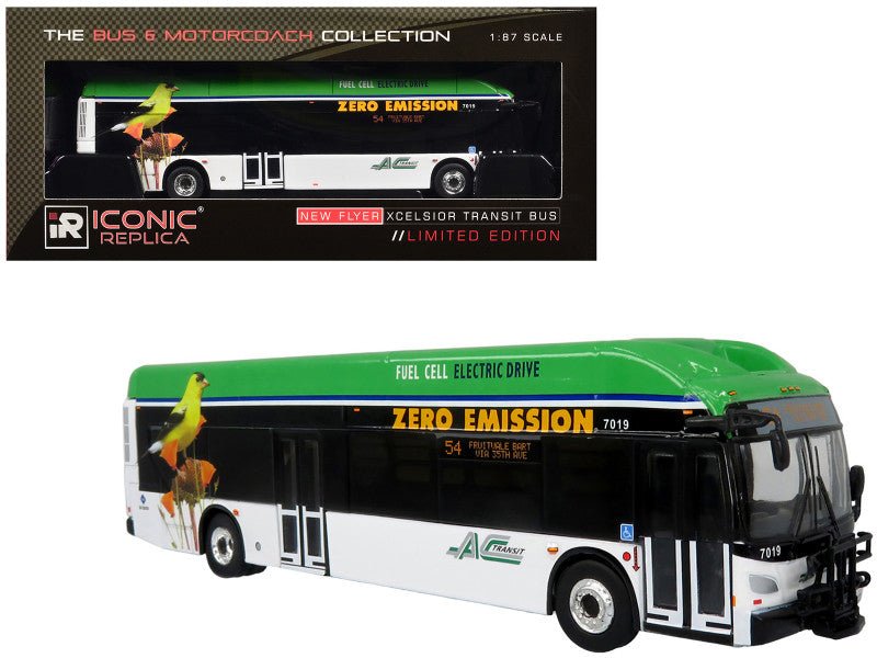 New Flyer Xcelsior XHE40 Transit Bus "AC Transit - Zero Emission" White and Green with Graphics "The Bus & Motorcoach Collection" Limited Edition 1/87 (HO) Diecast Model by Iconic Replicas free shipping USA