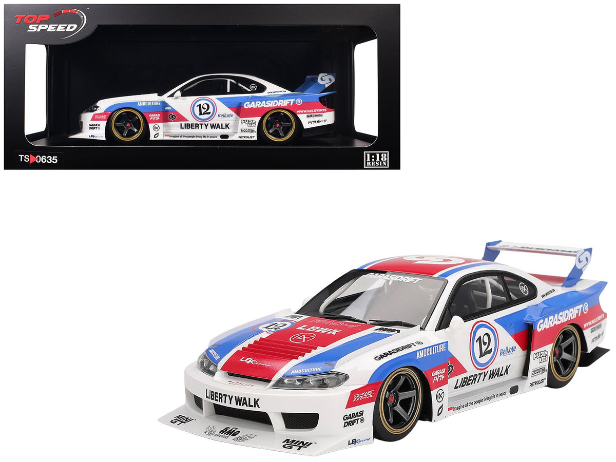 Nissan "LB-Super Silhouette" S15 SILVIA RHD (Right Hand Drive) #12 "GARASIDRIFT" White with Red and Blue Graphics 1/18 Model Car by Top Speed free shipping USA