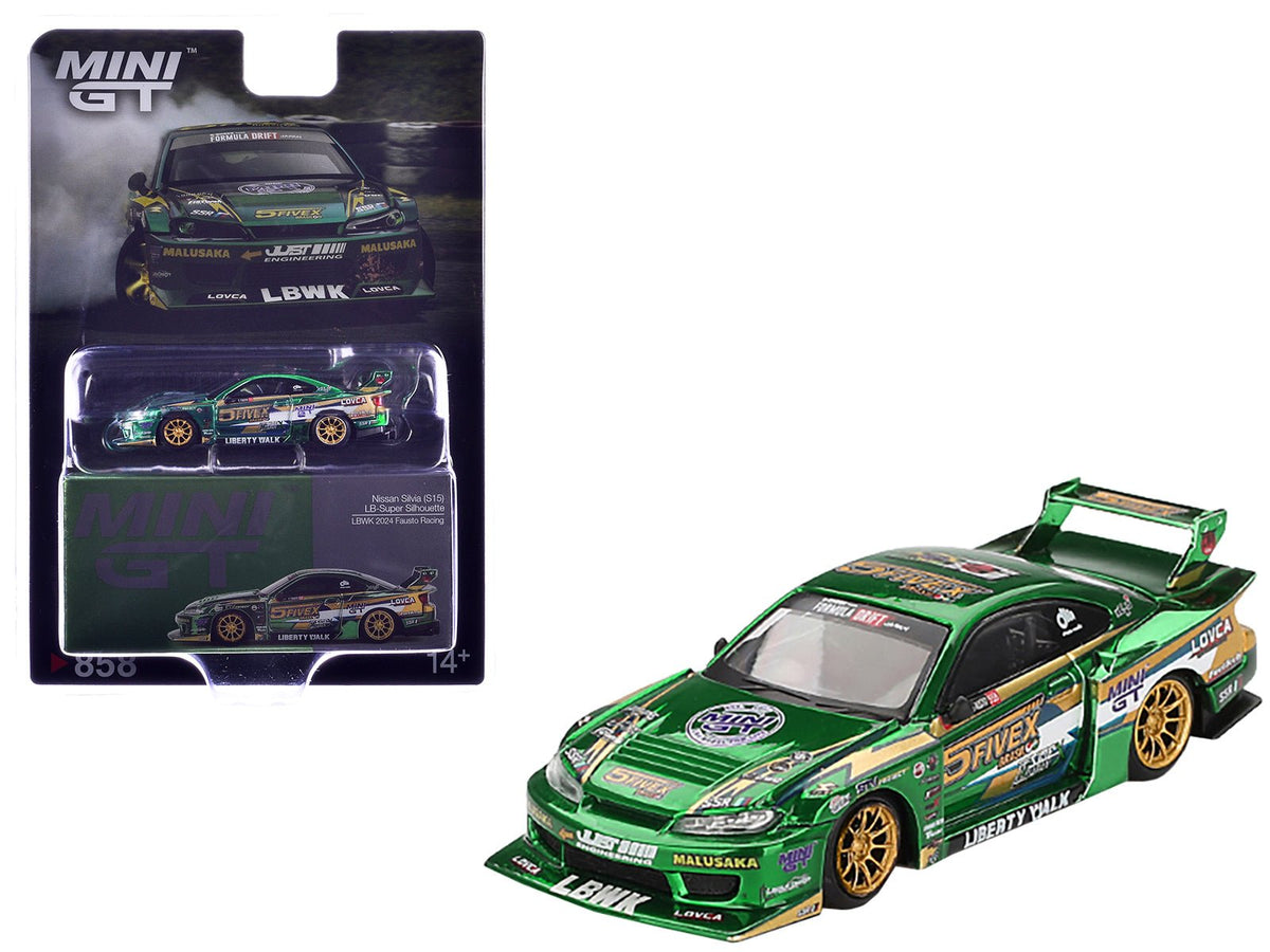 Nissan Silvia (S15) LB-Super Silhouette RHD (Right Hand Drive) "Fausto Racing 2024" Green Metallic Limited Edition 1/64 Diecast Model Car by Mini GT free shipping USA