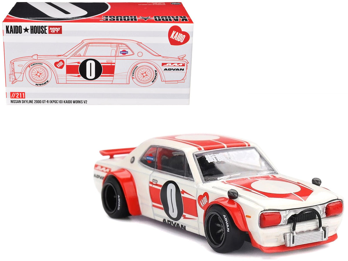 Nissan Skyline 2000GT-R (KPGC10) "Kaido Works V2" RHD (Right Hand Drive) White with Red Stripes (Designed by Jun Imai) "Kaido House" Special 1/64 Diecast Model Car by Mini GT free shipping USA