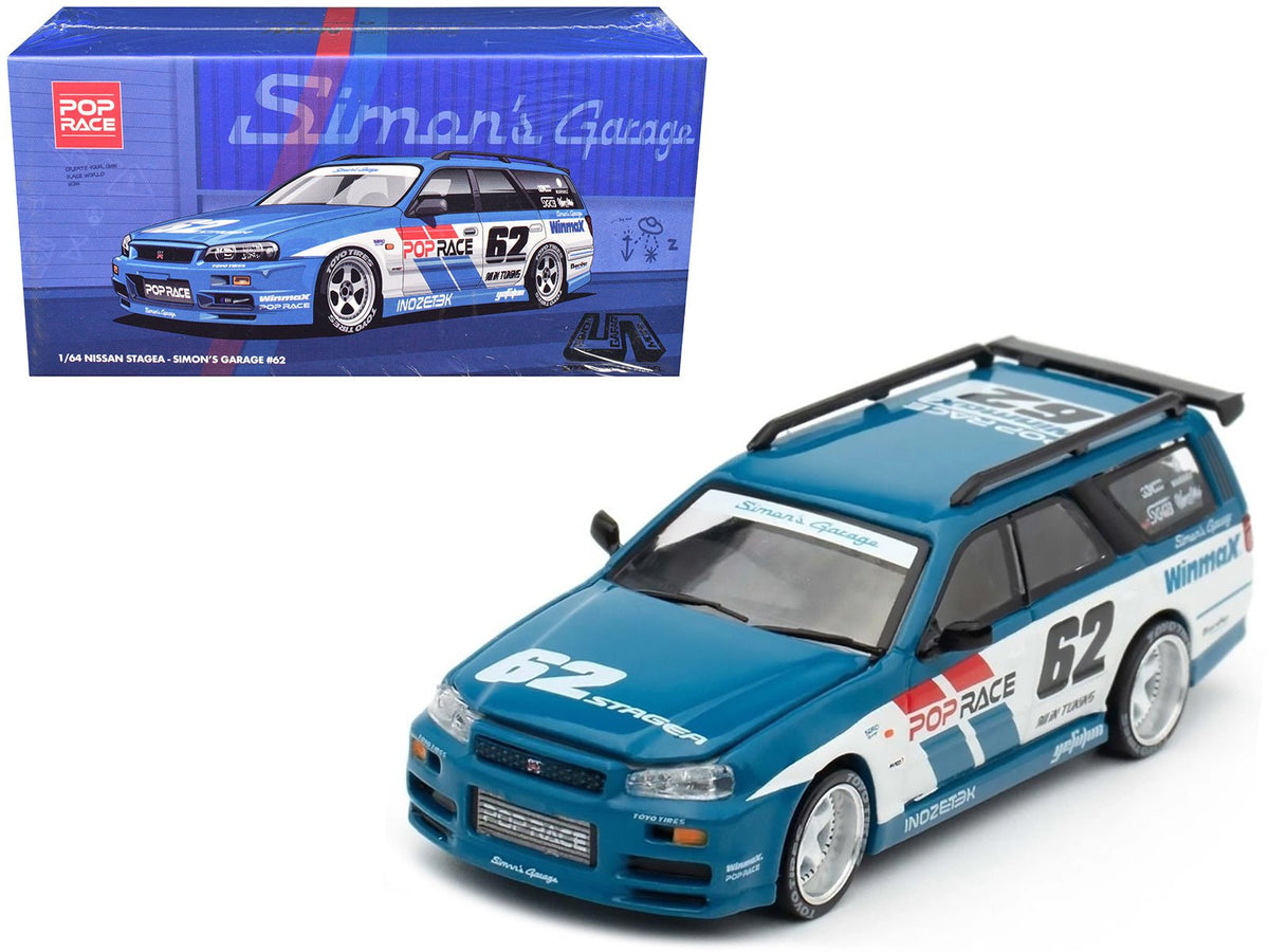 Nissan Stagea RHD (Right Hand Drive) #62 "Simon's Garage" Blue with White Sides 1/64 Diecast Model Car by Pop Race free shipping USA