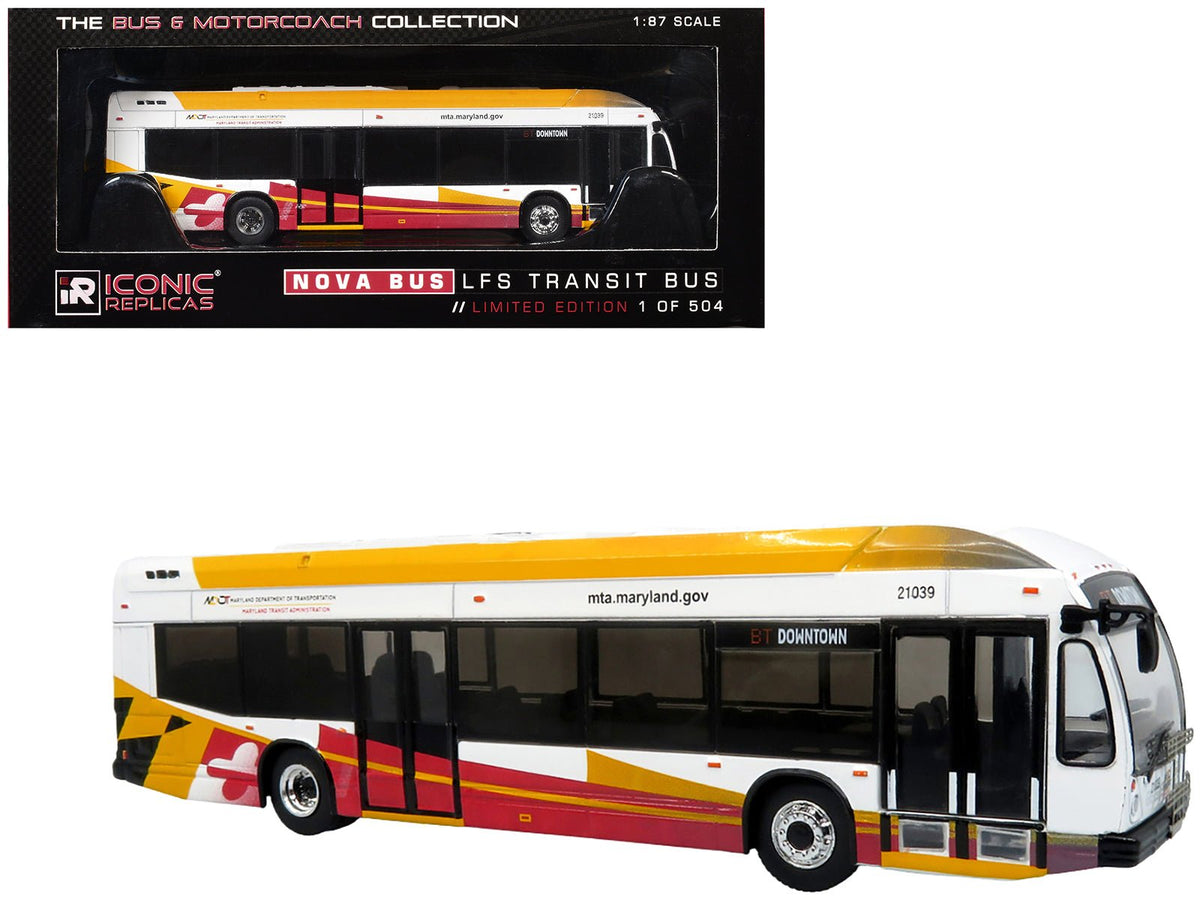 Nova Bus LFSH Hybrid Transit Bus "MTA Maryland" White with Red and Yellow Graphics "The Bus & Motorcoach Collection" Limited Edition to 504 pieces Worldwide 1/87 (HO) Diecast Model by Iconic Replicas free shipping USA
