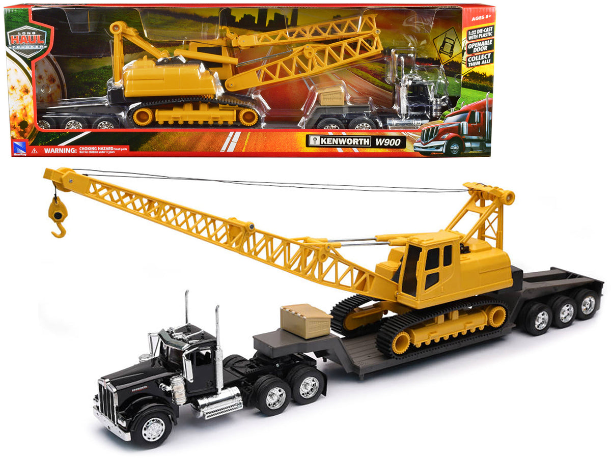 Kenworth W900 Truck with Lowboy Trailer Black and Crane Yellow "Long Haul Trucker" Series 1/32 Diecast Model by New Ray free shipping USA