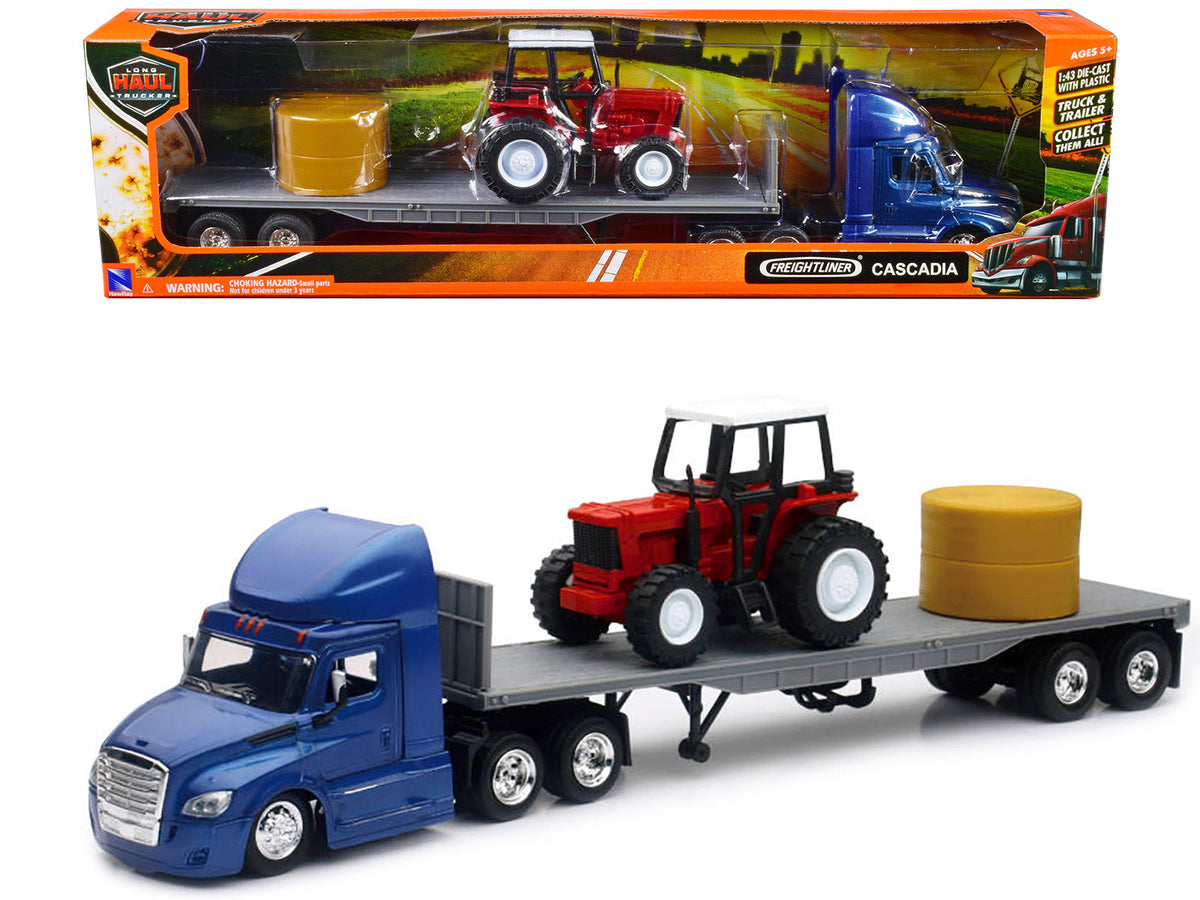 Freightliner Cascadia with Flatbed Trailer Blue with Farm Tractor Red and Hay Bales "Long Haul Trucker" Series 1/43 Diecast Model by New Ray free shipping USA