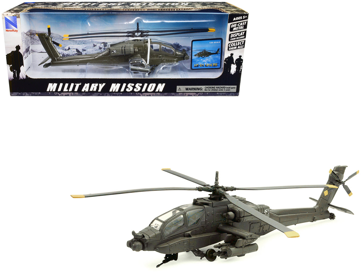 Boeing AH-64 Apache Attack Helicopter Olive Drab "United States Army" "Military Mission" Series 1/55 Diecast Model by New Ray free shipping USA