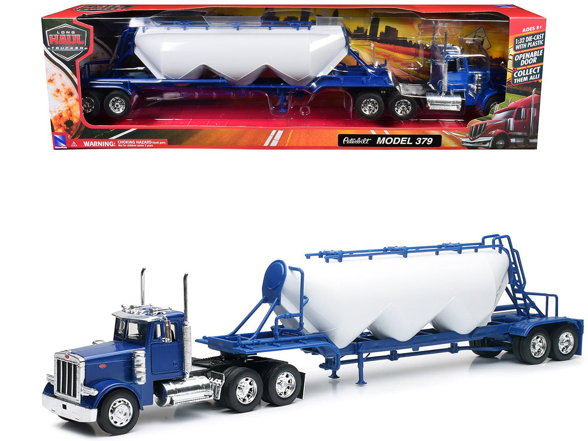 Peterbilt 379 Truck Blue with Pneumatic Tanker Trailer White "Long Haul Truckers" Series 1/32 Diecast Model by New Ray free shipping USA