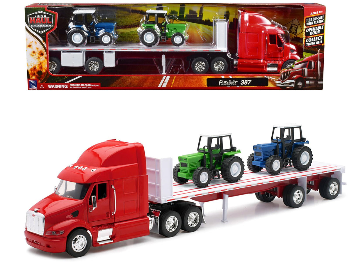 Peterbilt 387 Flatbed Truck Red with 2 Farm Tractors Blue and Green "Long Haul Trucker" Series 1/32 Diecast Model by New Ray free shipping USA