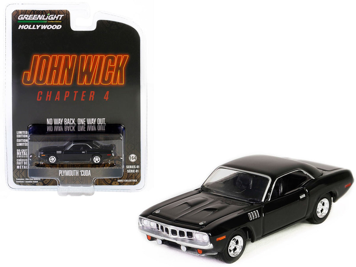 Plymouth Barracuda Black "John Wick: Chapter 4" (2023) Movie "Hollywood Series" Release 41 1/64 Diecast Model Car by Greenlight free shipping USA