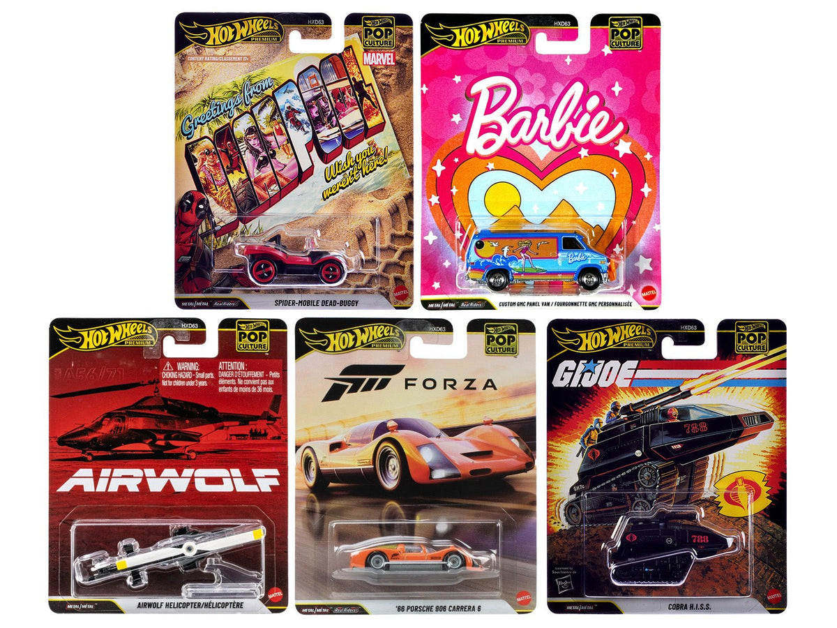 "Pop Culture 2025" 5 piece Set Q "Premium Series" Diecast Model Cars by Hot Wheels free shipping USA