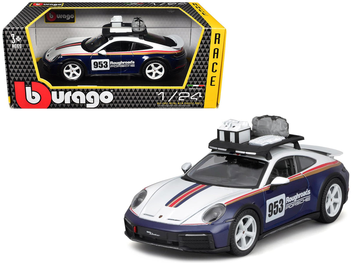 Porsche 911 Dakar #953 "Roughroads Porsche" Blue and White with Stripes and Roof Rack "Race" Series 1/24 Diecast Model Car by Bburago free shipping USA