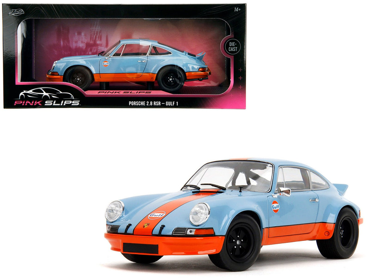 Porsche 911 RSR "Gulf Oil" Light Blue with Orange Stripes "Pink Slips" Series 1/18 Diecast Model Car by Jada free shipping USA