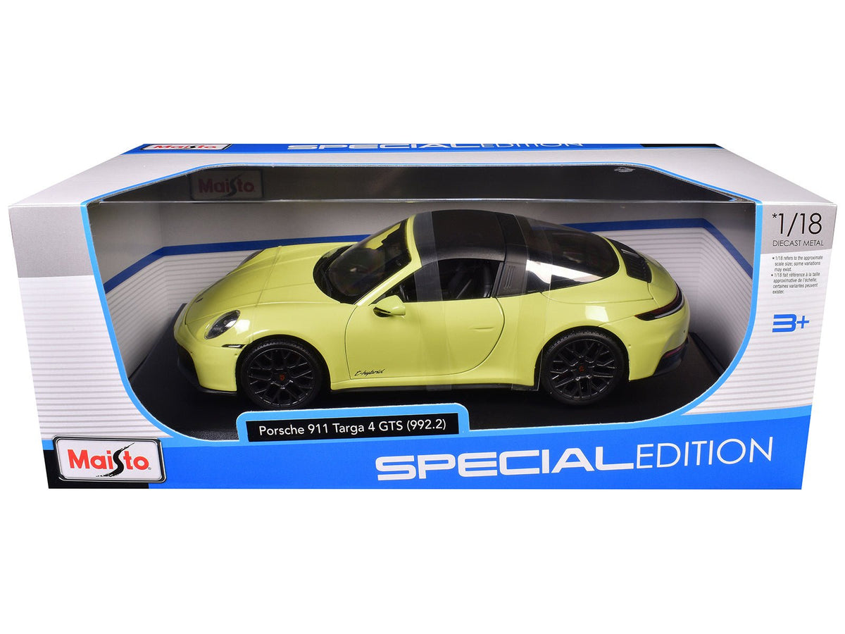 Porsche 911 Targa 4 GTS (992.2) Yellow with Black Top "Special Edition" Series 1/18 Diecast Model Car by Maisto free shipping USA