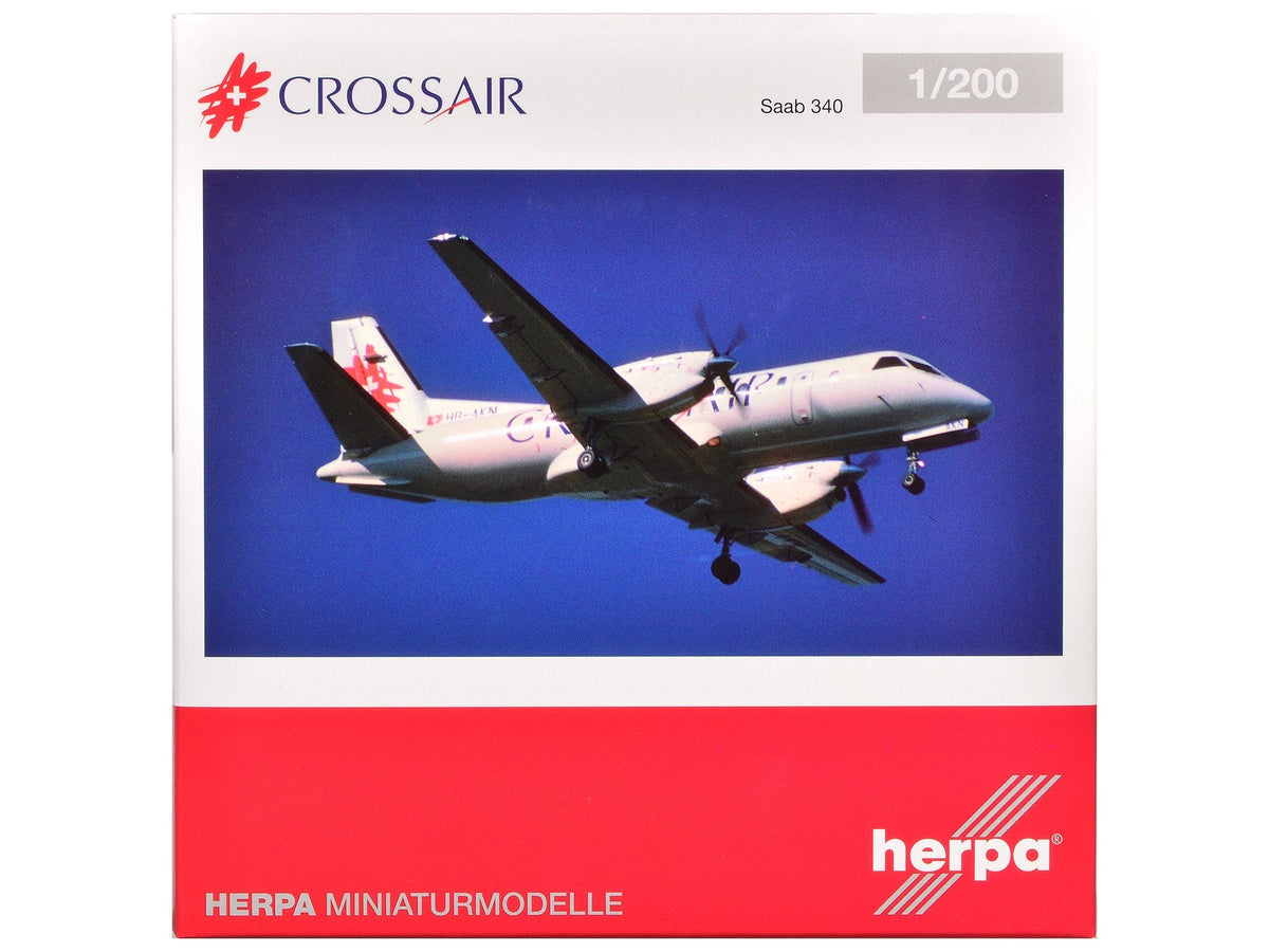 Saab 340 Commercial Aircraft "Crossair" (HB-AKN) White with Tail Graphics 1/200 Diecast Model Airplane by Herpa free shipping USA