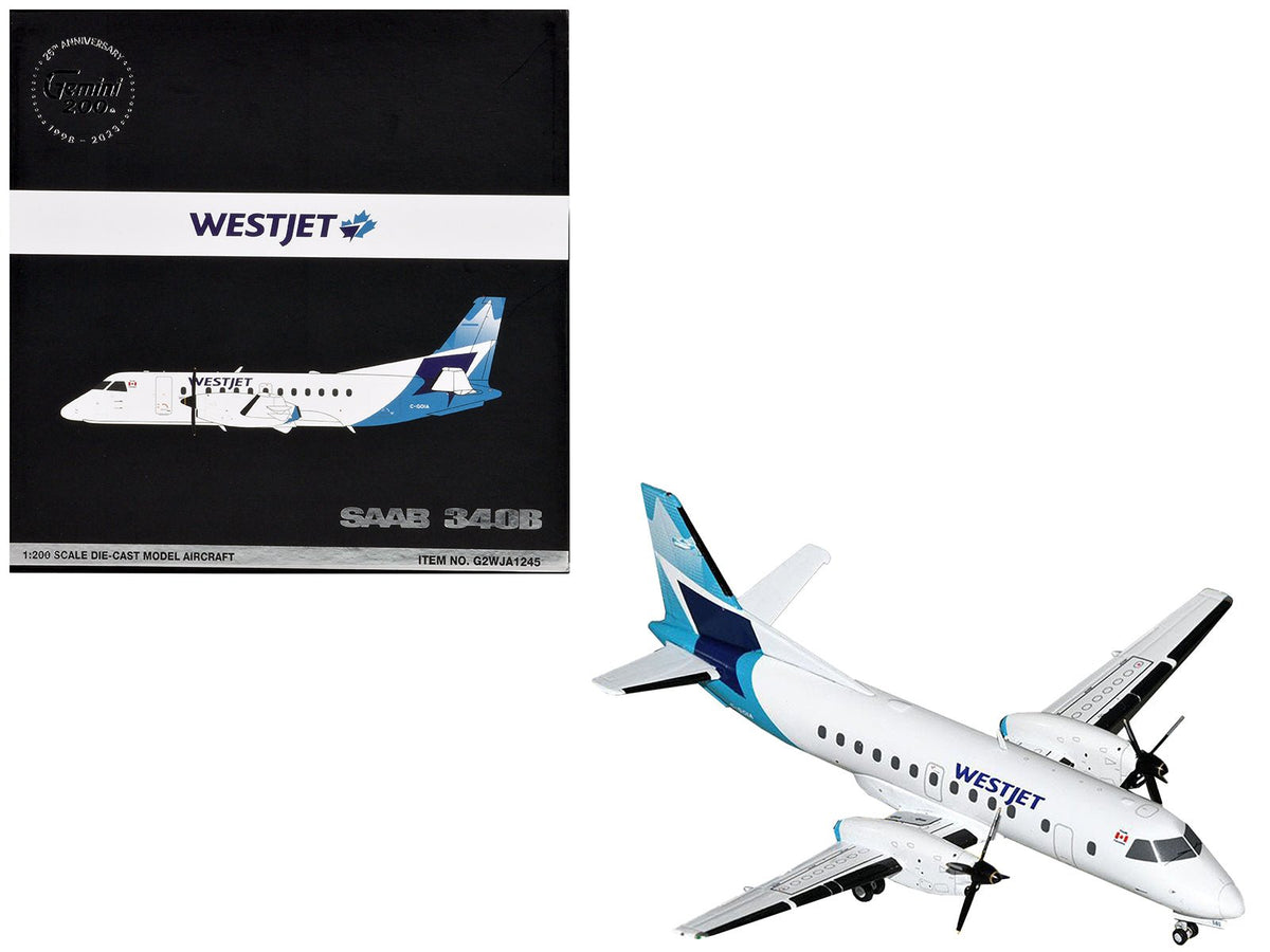 Saab 340B Commercial Aircraft "WestJet" (C-GOIA) White with Blue Stripes and Tail "Gemini 200" Series 1/200 Diecast Model Airplane by GeminiJets free shipping USA
