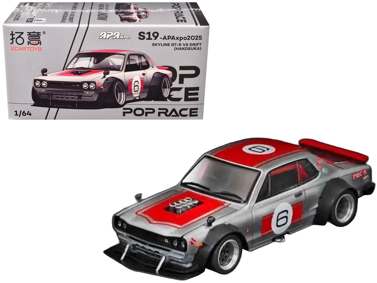 Skyline GT-R V8 Drift "Hakosuka" RHD (Right Hand Drive) #6 Silver Metallic with Red Stripes "APA XPO 2025 Exclusive" 1/64 Diecast Model Car by Pop Race free shipping USA