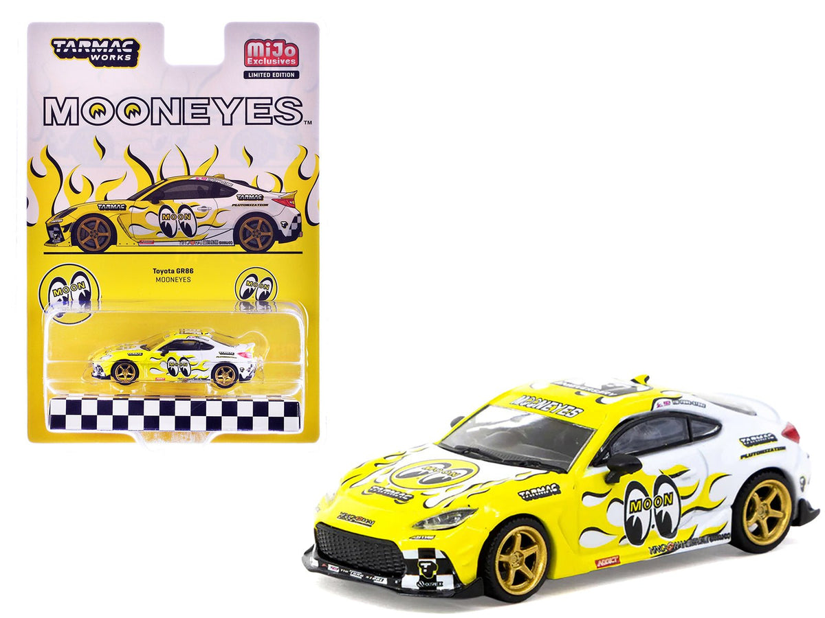 Toyota GR86 RHD (Right Hand Drive) "MoonEyes" White with Yellow Flames and Graphics "Global64" Series 1/64 Diecast Model by Tarmac Works free shipping USA