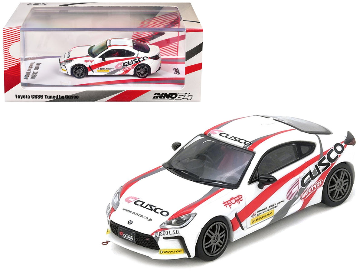 Toyota GR86 Tuned by "CUSCO" RHD (Right Hand Drive) White with Red and Gray Stripes 1/64 Diecast Model Car by Inno Models free shipping USA