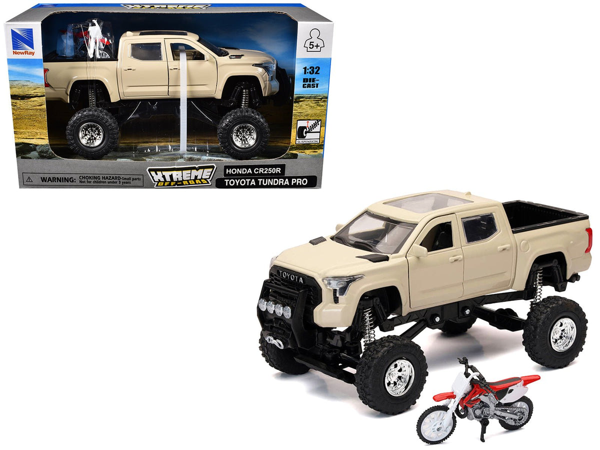 Toyota Tundra Pro Pickup Truck Tan and Honda CR250R Motorcycle Red and White "Xtreme Off-Road" Series 1/32 Diecast Models by New Ray free shipping USA