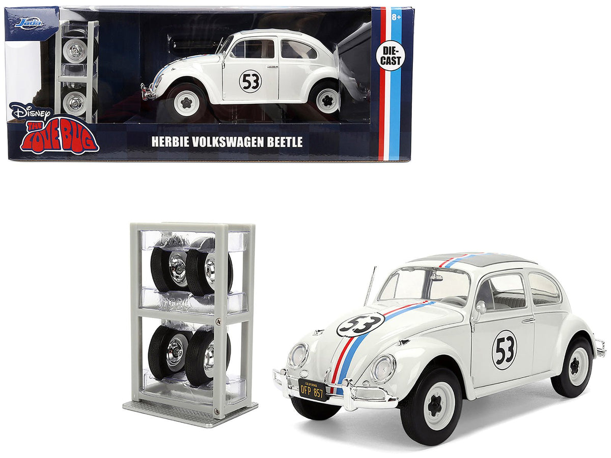 Volkswagen Beetle #53 "Herbie" White with Stripes "The Love Bug" (1968) Movie with Extra Wheels 1/24 Diecast Model Car by Jada free shipping USA