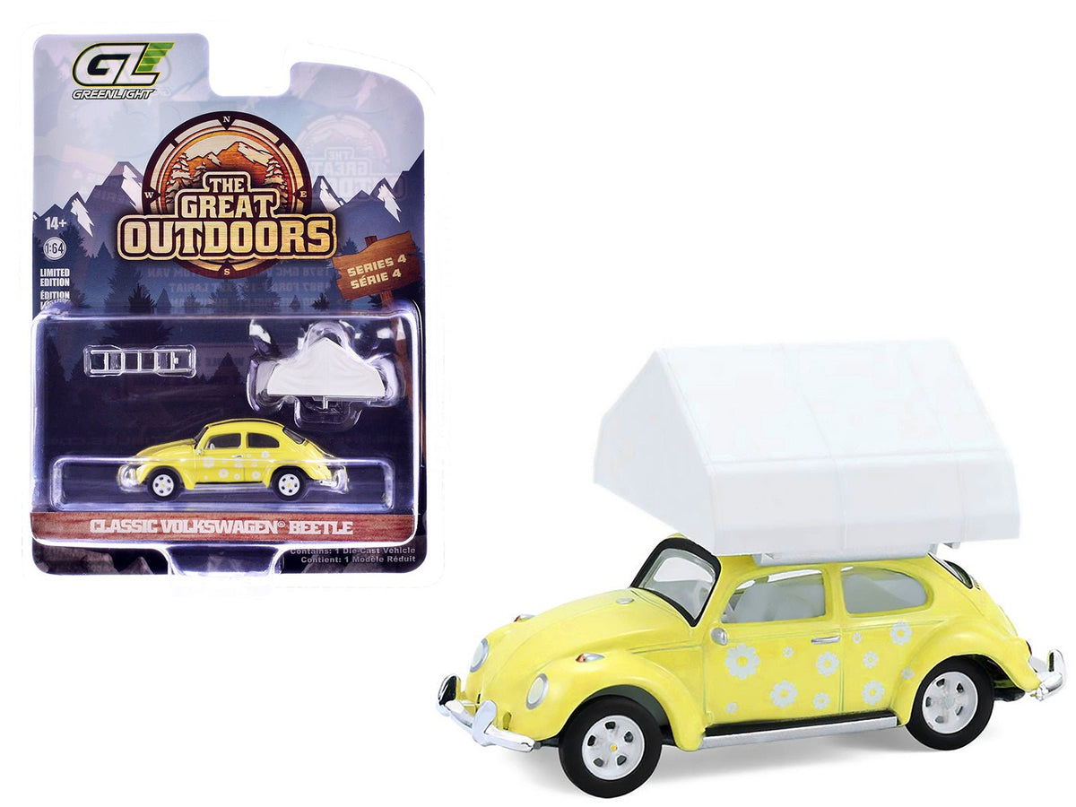 Volkswagen Classic Beetle Yellow with White Flower Graphics and Interior with Camp'otel Cartop Sleeper Tent "The Great Outdoors" Series 4 1/64 Diecast Model Car by Greenlight free shipping USA