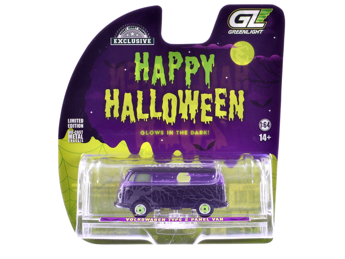 Volkswagen Type 2 Panel Van "Halloween 2025 - Spooky Night" Black and Purple with "Glow in the Dark" Paint "Hobby Exclusive" Series 1/64 Diecast Model Car by Greenlight free shipping USA