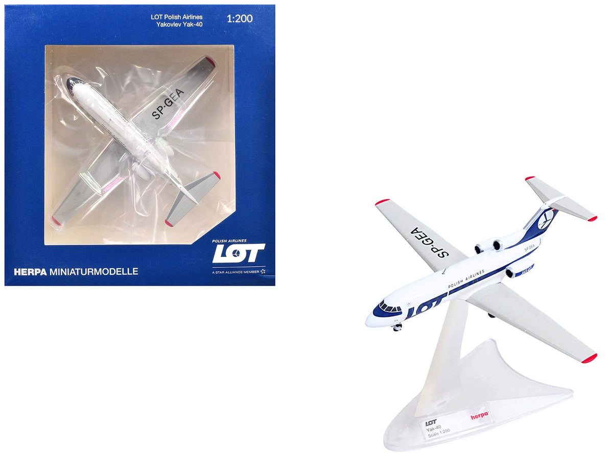 Yakovlev Yak-40 Commercial Aircraft "LOT Polish Airlines" (SP-GEA) White with Blue Stripes and Tail 1/200 Diecast Model by Herpa free shipping USA
