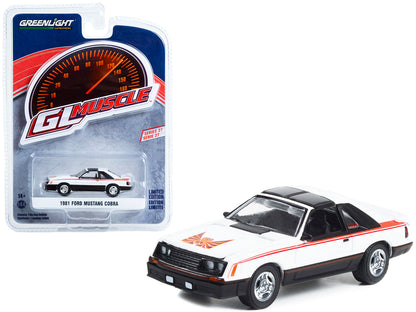 1981 Ford Mustang Cobra Polar White and Black with Red Stripes "Greenlight Muscle" Series 27 1/64 Diecast Model Car by Greenlight  free shipping USA