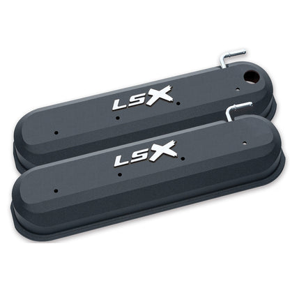 Raised "LSX" Emblem Aluminum Valve Covers  Black Crinkle  LS Engines