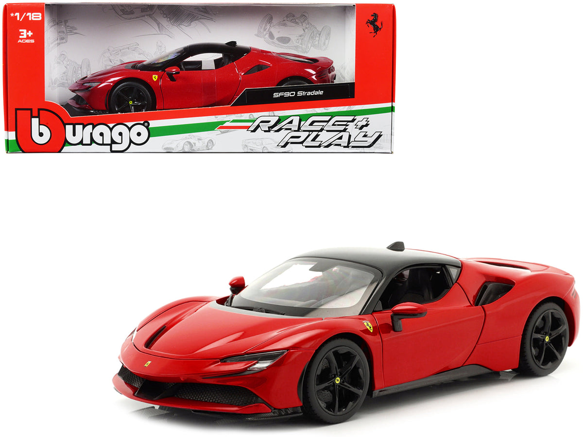 Ferrari SF90 Stradale Red with Black Top "Race + Play" Series 1/18 Diecast Model Car by Bburago  free shipping USA