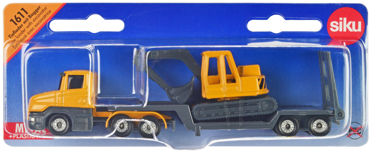 Truck with Low Loader Trailer and Excavator Yellow Diecast Model by Siku  free shipping USA