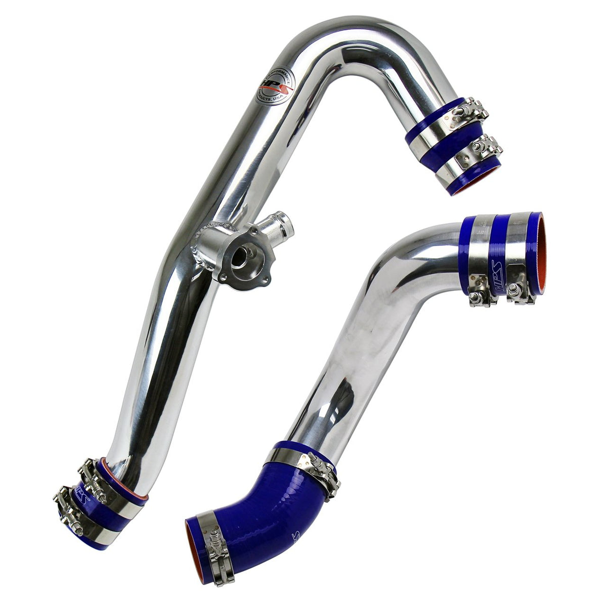 HPS Performance HPS Intercooler Hot Charge Pipe and Cold Side with Blue Hoses 15-17 Ford Mustang Ecoboost 2.3L Turbo, Polish