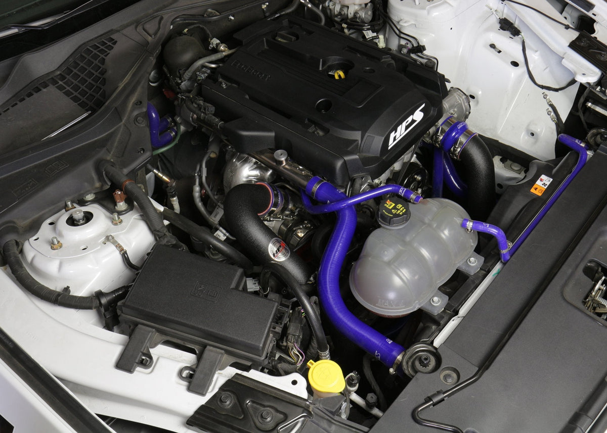 HPS Performance HPS Intercooler Hot Charge Pipe and Cold Side with Blue Hoses 15-17 Ford Mustang Ecoboost 2.3L Turbo, Black