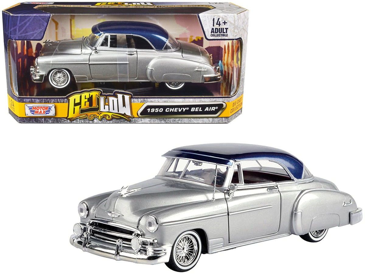 1950 Chevrolet Bel Air Lowrider Silver Metallic with Blue Metallic Top "Get Low" Series 1/24 Diecast Model Car by Motormax  free shipping USA