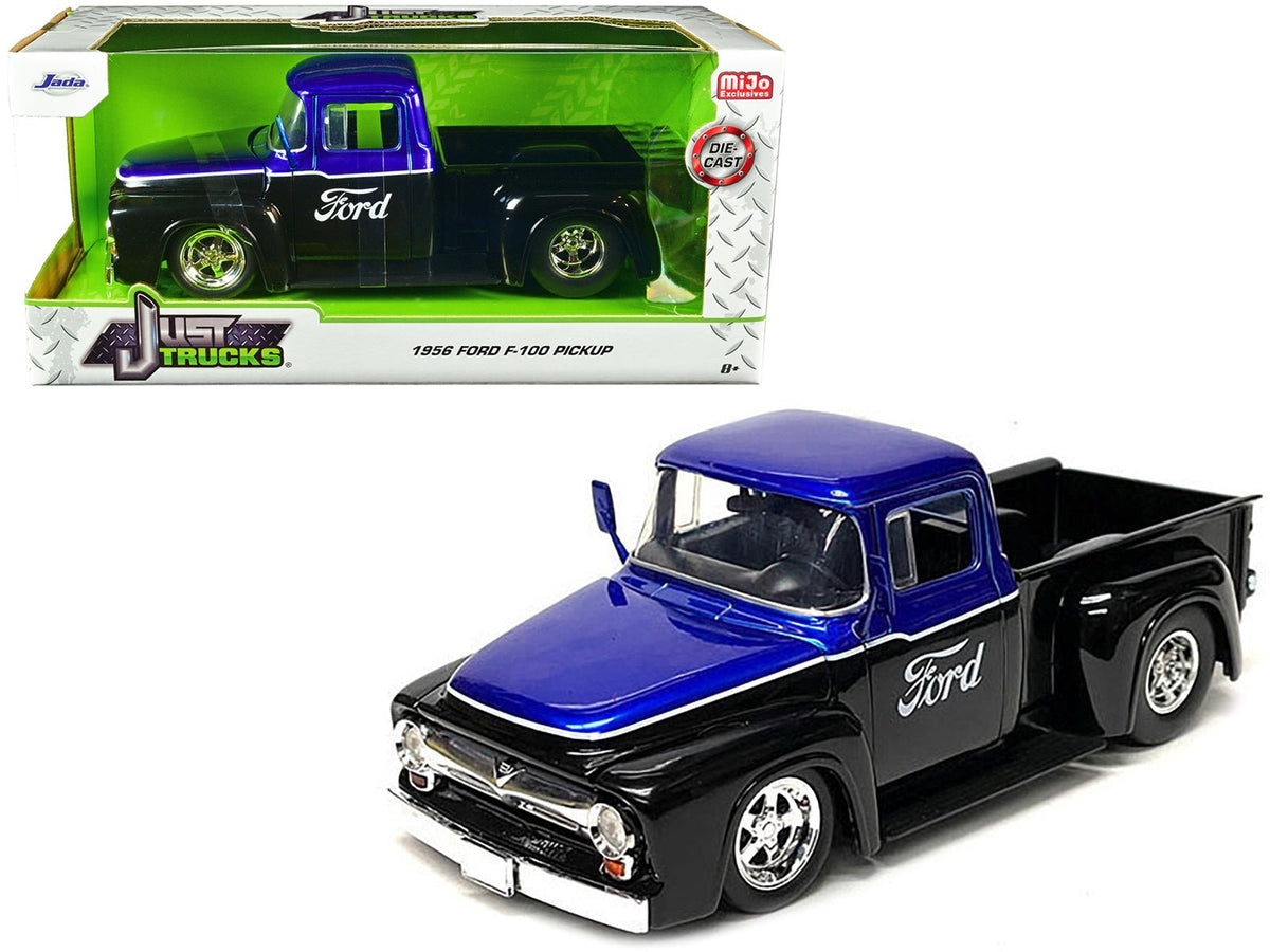 1956 Ford F-100 Pickup Truck Black and Blue Metallic with Ford Graphics "Just Trucks" Series 1/24 Diecast Model Car by Jada  free shipping USA