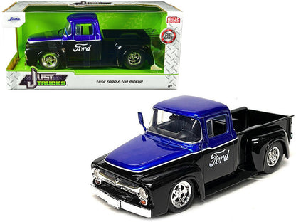 1956 Ford F-100 Pickup Truck Black and Blue Metallic with Ford Graphics "Just Trucks" Series 1/24 Diecast Model Car by Jada  free shipping USA
