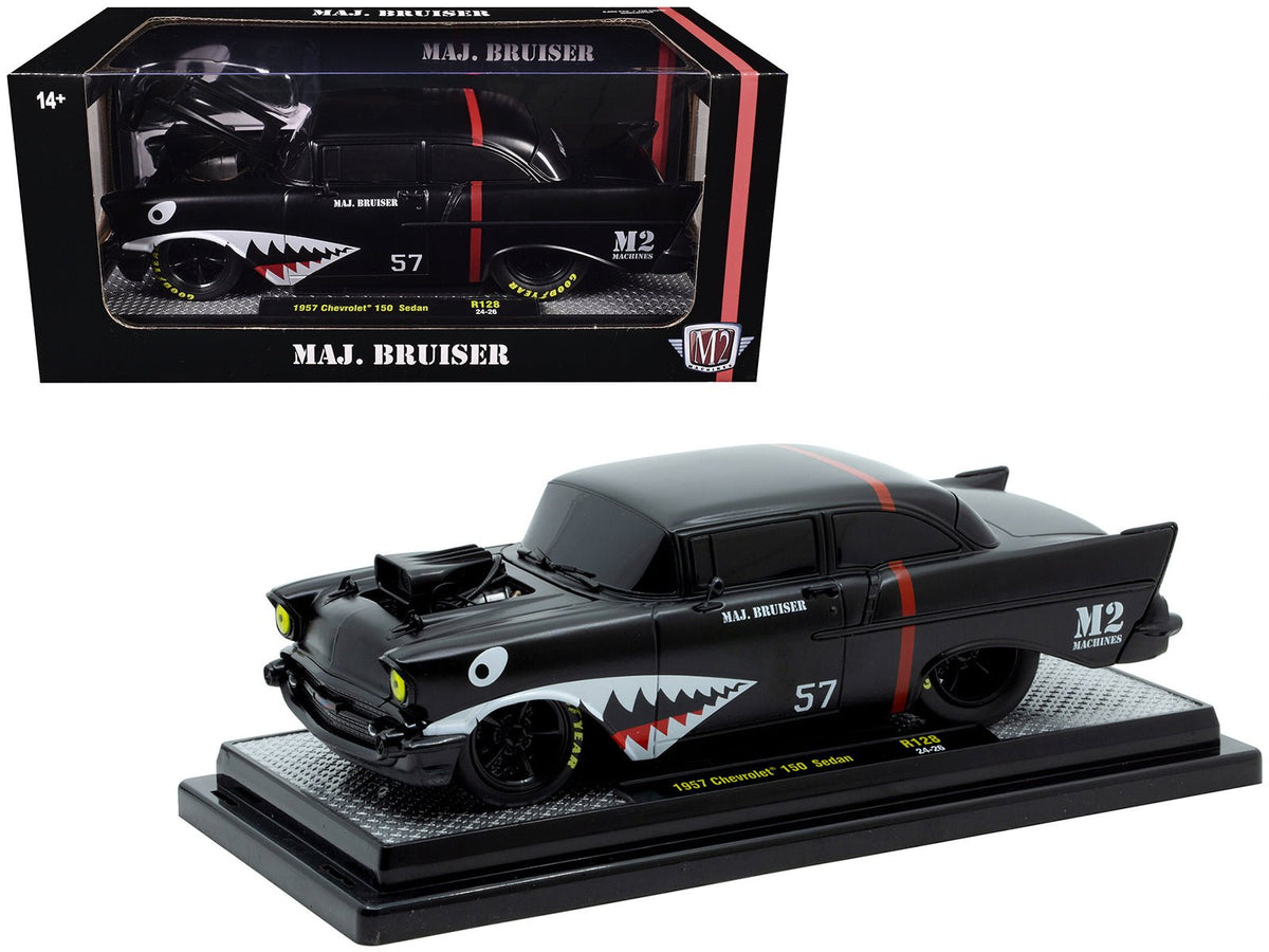 1957 Chevrolet 150 Sedan "Maj. Bruiser" Matt Black with Red Stripe and Shark Mouth Graphics Limited Edition to 6650 pieces Worldwide 1/24 Diecast Model Car by M2 Machines  free shipping USA
