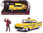 1957 Chevrolet Bel Air Taxi Yellow with Deadpool Diecast Figurine "Marvel" Series 1/24 Diecast Model Car by Jada  free shipping USA