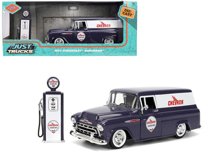 1957 Chevrolet Suburban "Chevron" Dark Blue with White Stripes and Chevron Gas Pump "Just Trucks" Series 1/24 Diecast Model Car by Jada  free shipping USA