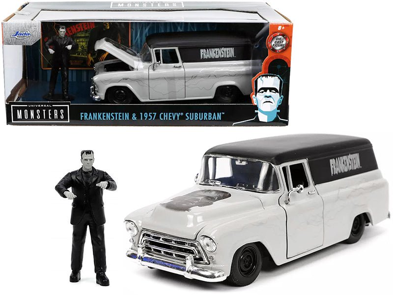 1957 Chevrolet Suburban Gray and Black with Graphics and Frankenstein Diecast Figurine "Universal Monsters" "Hollywood Rides" Series 1/24 Diecast Model Car by Jada  free shipping USA
