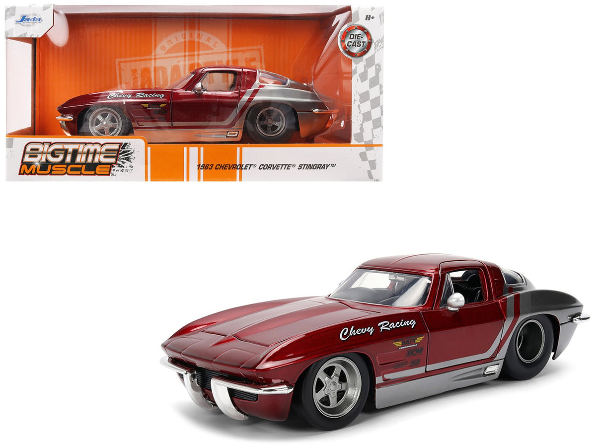 1963 Chevrolet Corvette Stingray "Chevy Racing" Red Metallic and Gray "Bigtime Muscle" Series 1/24 Diecast Model Car by Jada  free shipping USA
