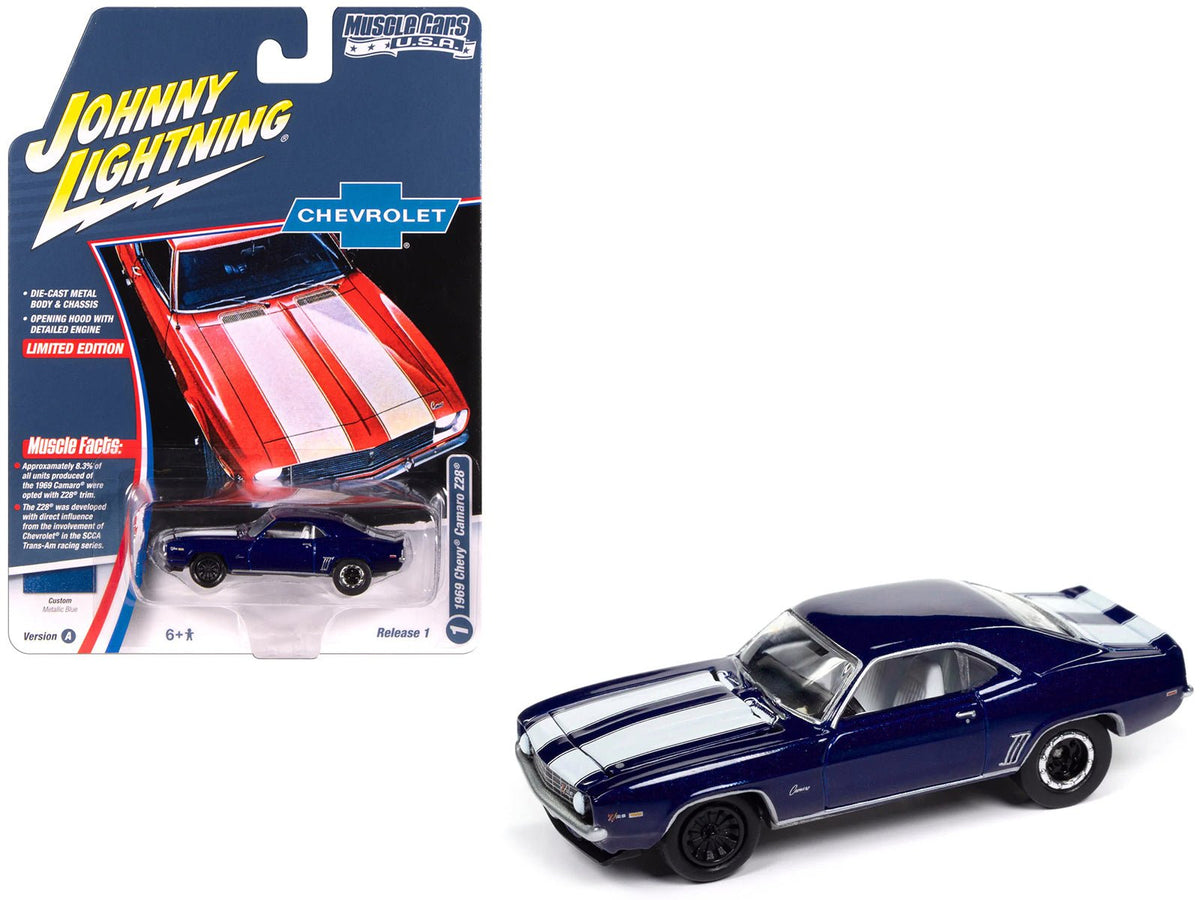 1969 Chevrolet Camaro Z28 Blue Metallic with White Stripes and Interior "Muscle Cars USA" Series 1/64 Diecast Model Car by Johnny Lightning  free shipping USA