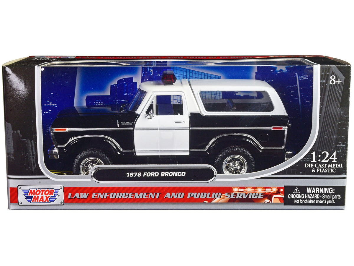 1978 Ford Bronco Police Car Unmarked Black and White "Law Enforcement and Public Service" Series 1/24 Diecast Model Car by Motormax  free shipping USA