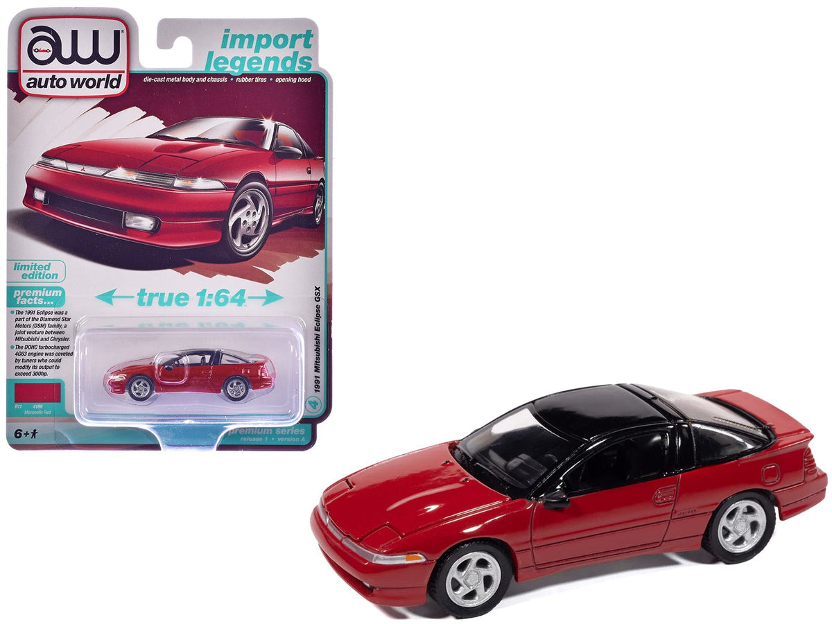 1991 Mitsubishi Eclipse GSX Maranello Red with Black Top "Import Legends" Series 1/64 Diecast Model Car by Auto World  free shipping USA
